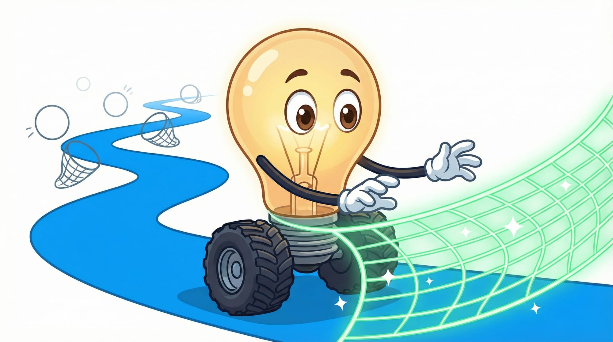 Flick the lightbulb mascot races eagerly on wheels toward a glowing green safety net, white-gloved hands reaching out with...