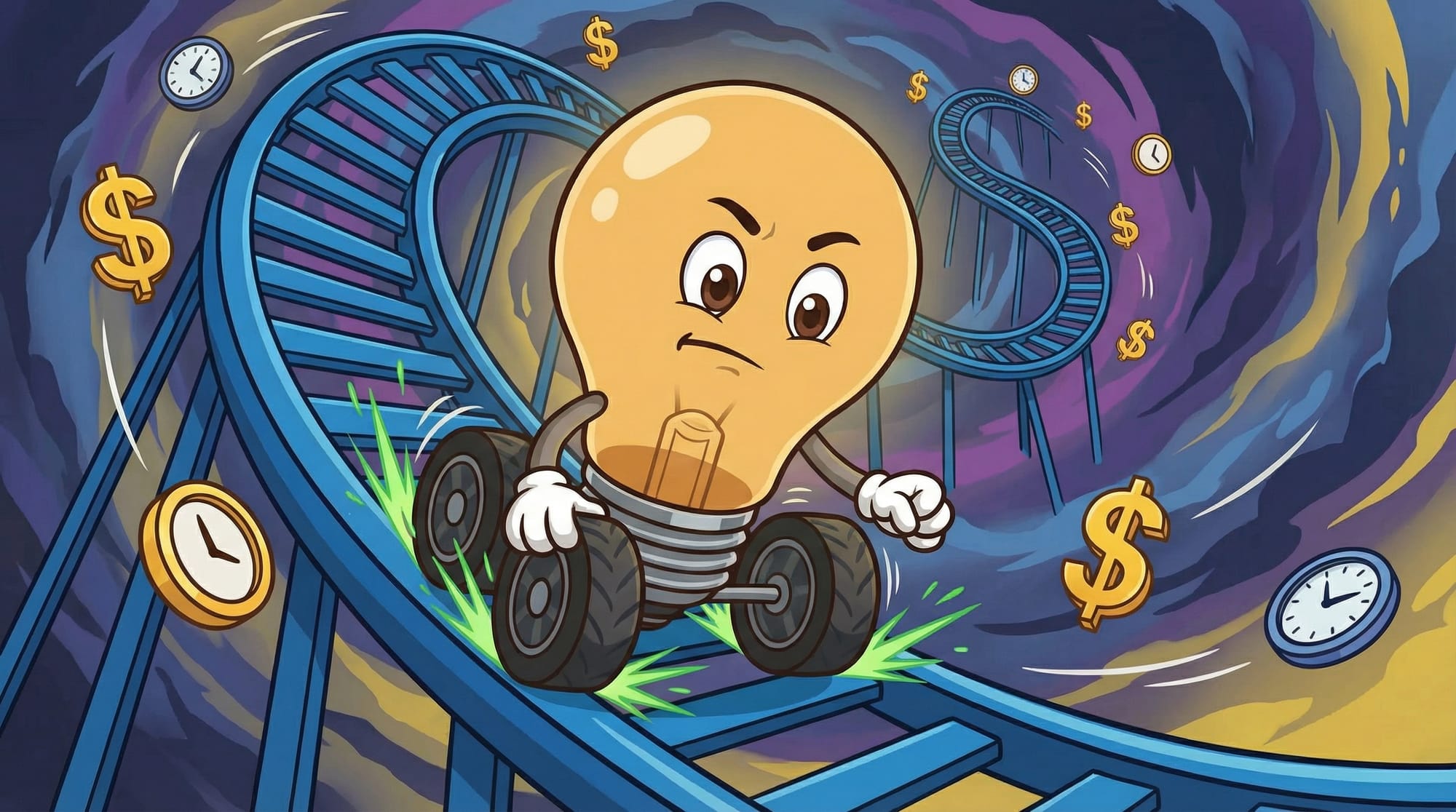 Flick the lightbulb mascot grips a roller coaster track with wide, determined eyes as green sparks fly and dollar signs fl...