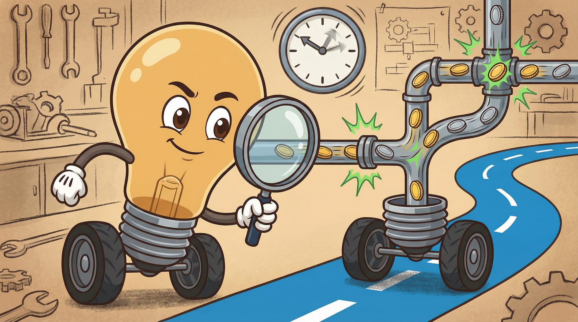 Flick the lightbulb mascot leans forward on wheels, examining a coin-flowing pipeline with a magnifying glass, eyes focuse...