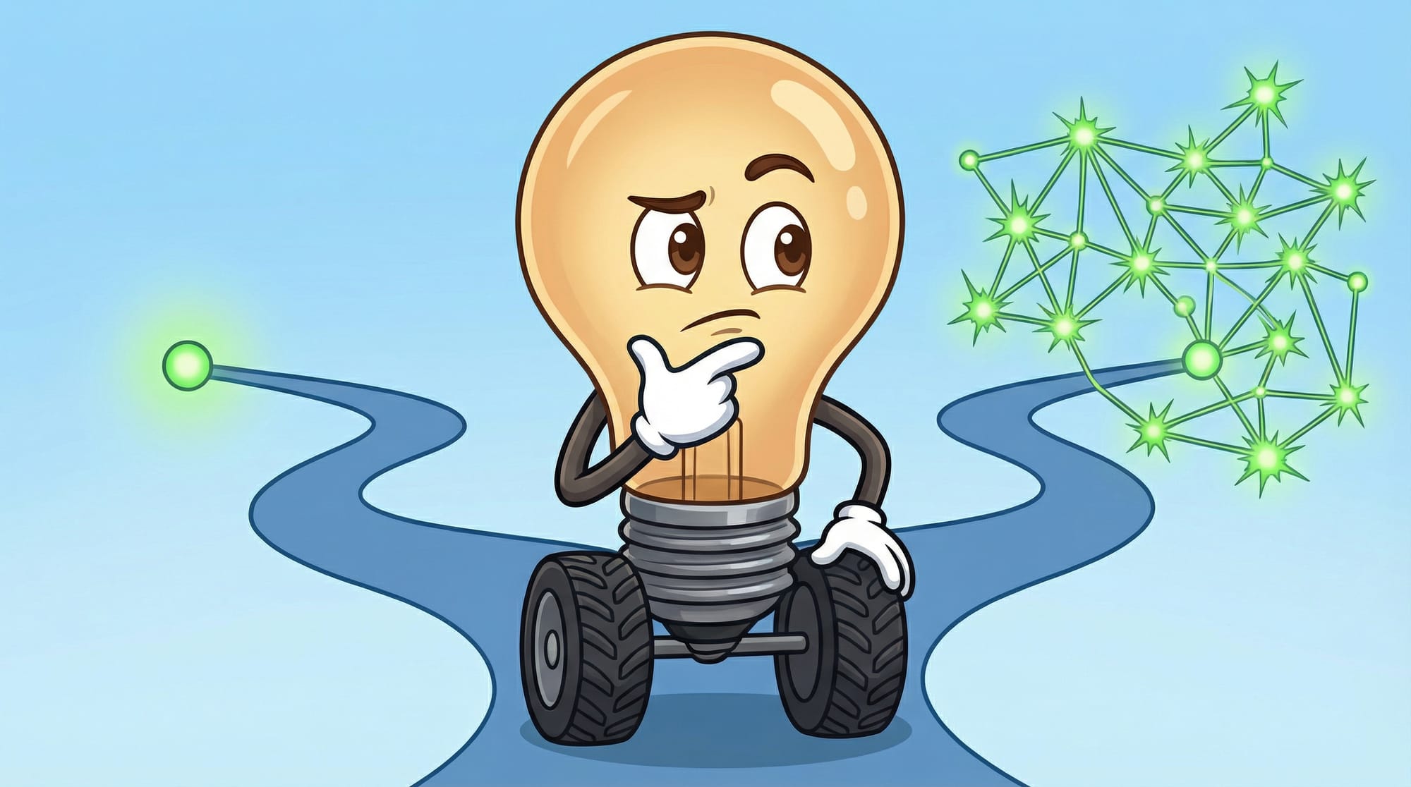 Flick the lightbulb mascot thinks at a crossroads, one gloved hand on chin, choosing between a simple path and a complex n...