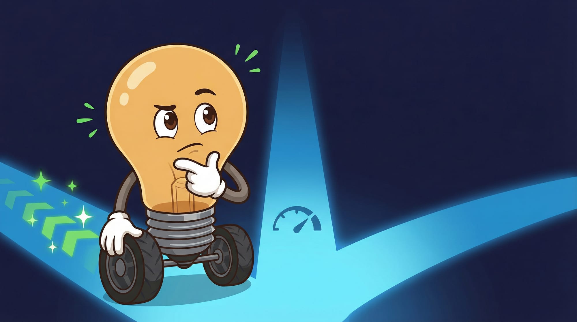 Flick the lightbulb mascot pauses at a glowing blue crossroads, hand on chin, brown eyes scanning diverging paths with gre...