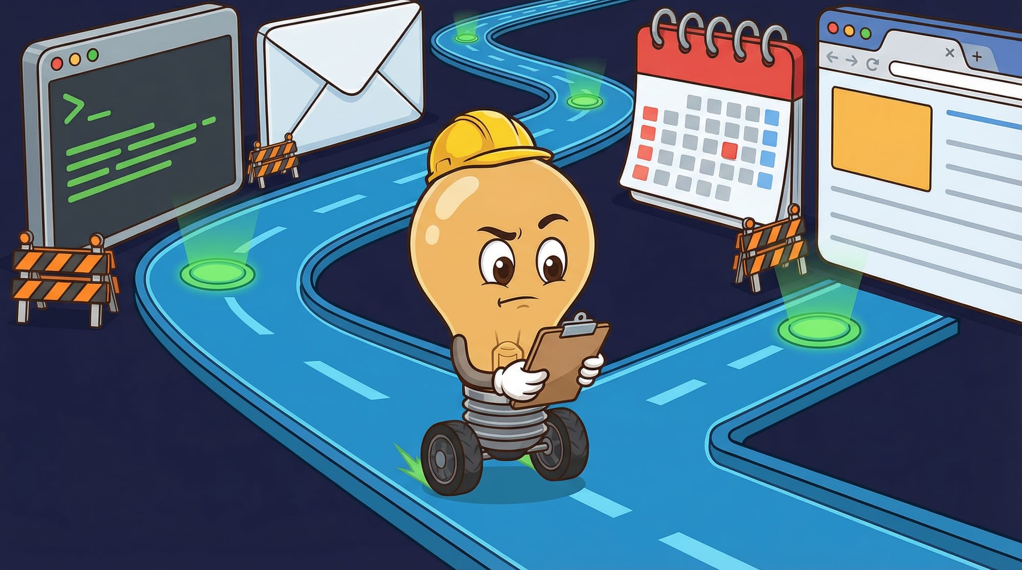 Flick the lightbulb mascot wearing a hard hat rolls cautiously along a winding road past cartoon app icons, clutching a cl...