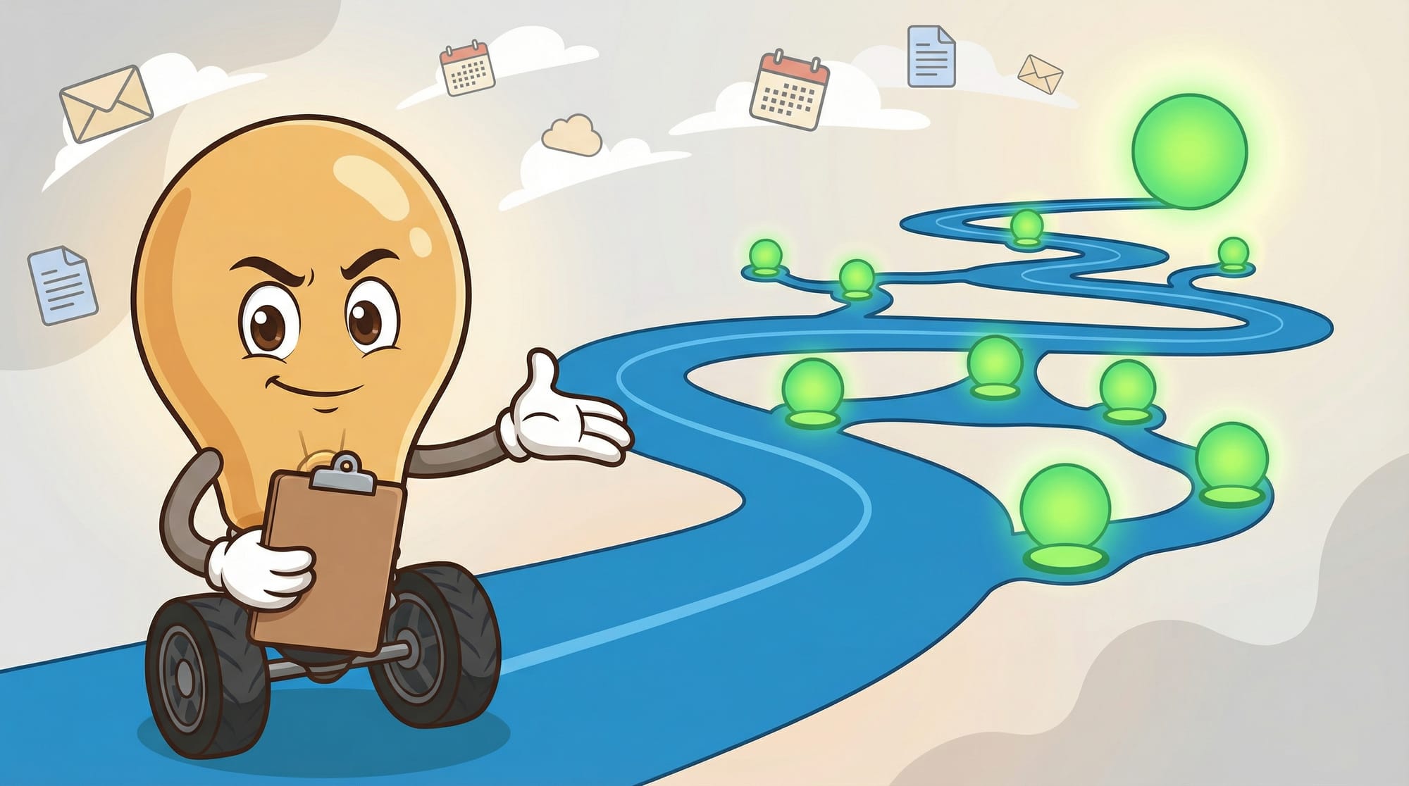 Flick the lightbulb mascot gestures welcomingly toward a winding blue road with ten glowing green waypoints, clipboard in ...