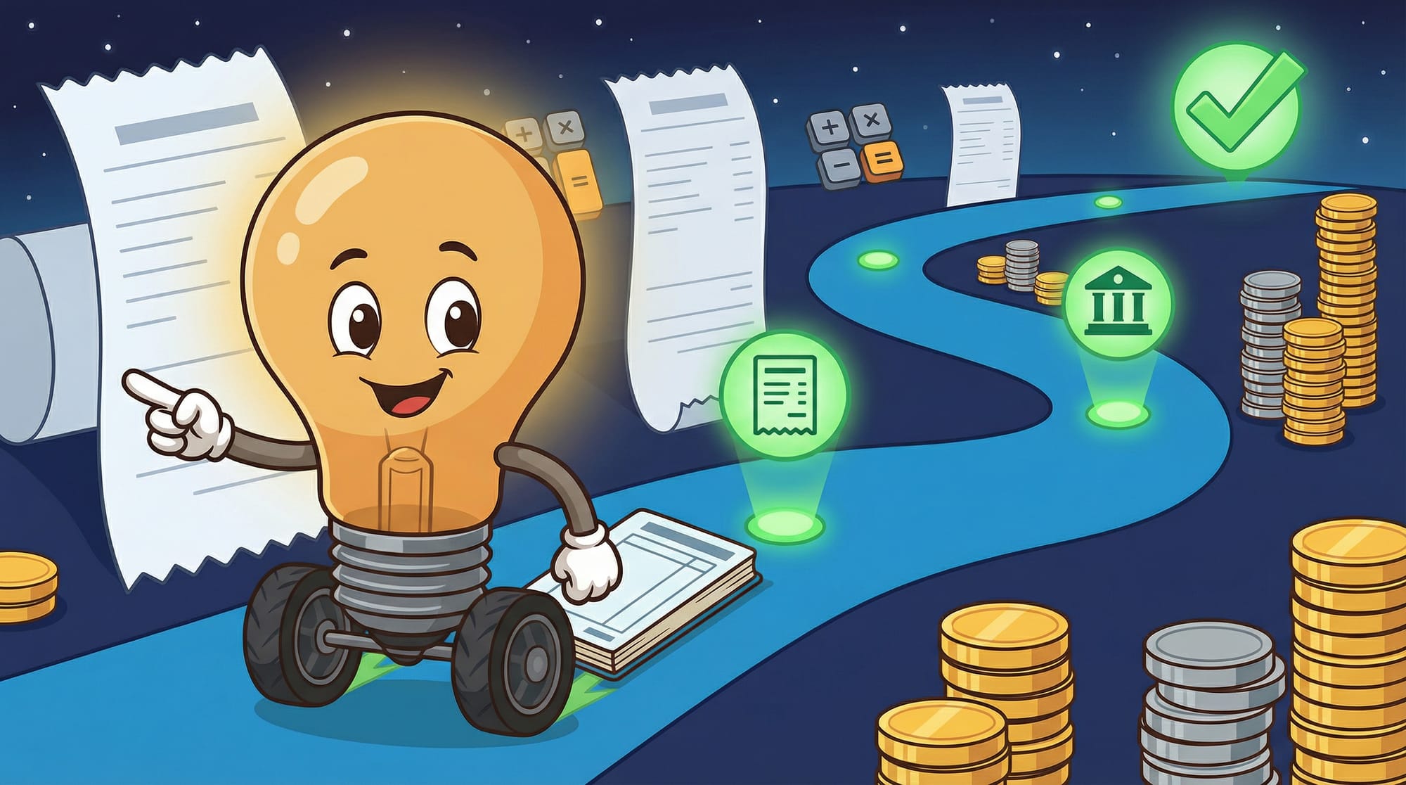 Flick the lightbulb mascot gestures invitingly at a winding road through oversized receipts, calculators, and coins, one g...