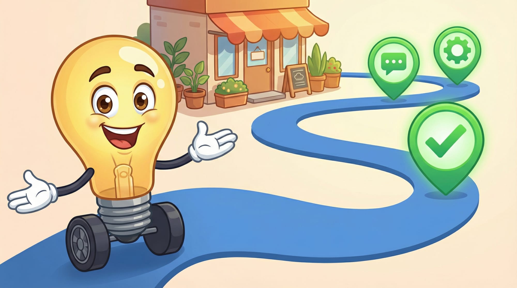 Flick the lightbulb mascot waves welcomingly at a winding blue road with glowing waypoint icons leading to a small busines...