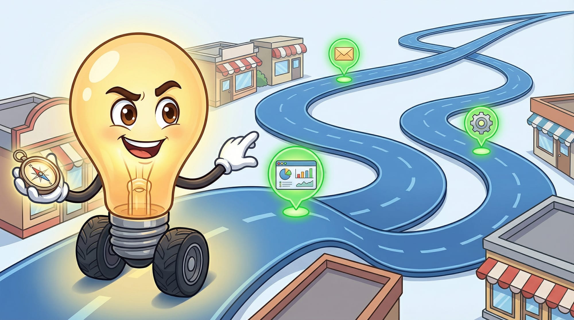 Flick the lightbulb mascot holds a glowing compass, gesturing toward a winding road past small storefronts with green wayp...