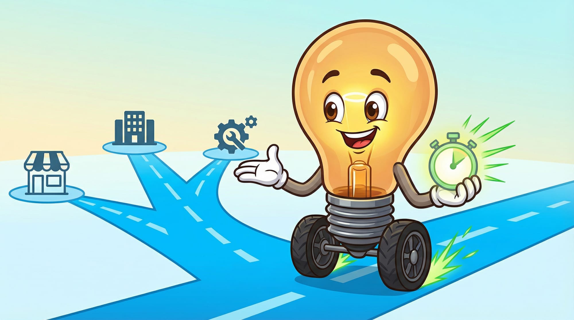 Flick the lightbulb mascot grins enthusiastically, gesturing toward branching paths leading to a storefront, office buildi...