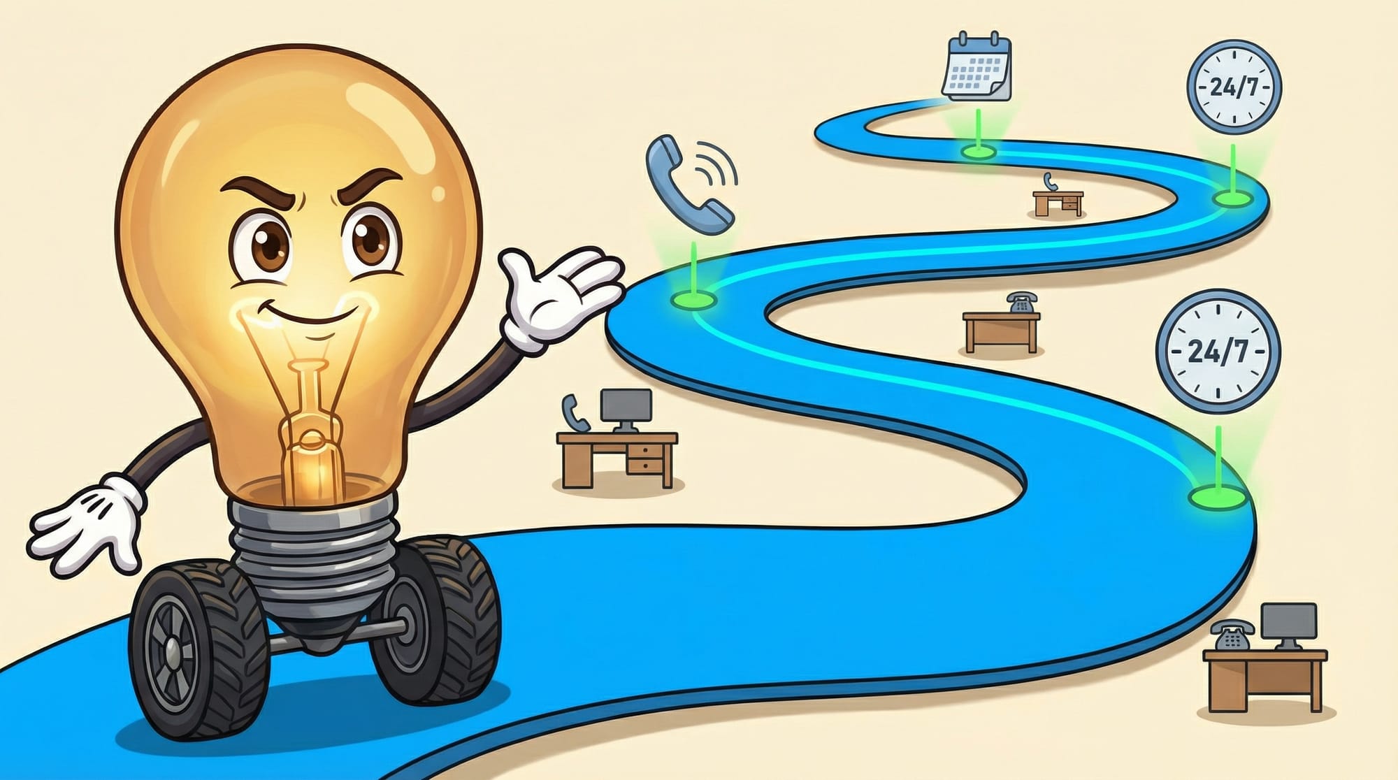 Flick the lightbulb mascot stands at a winding blue road, one hand raised welcomingly, with determined expression.