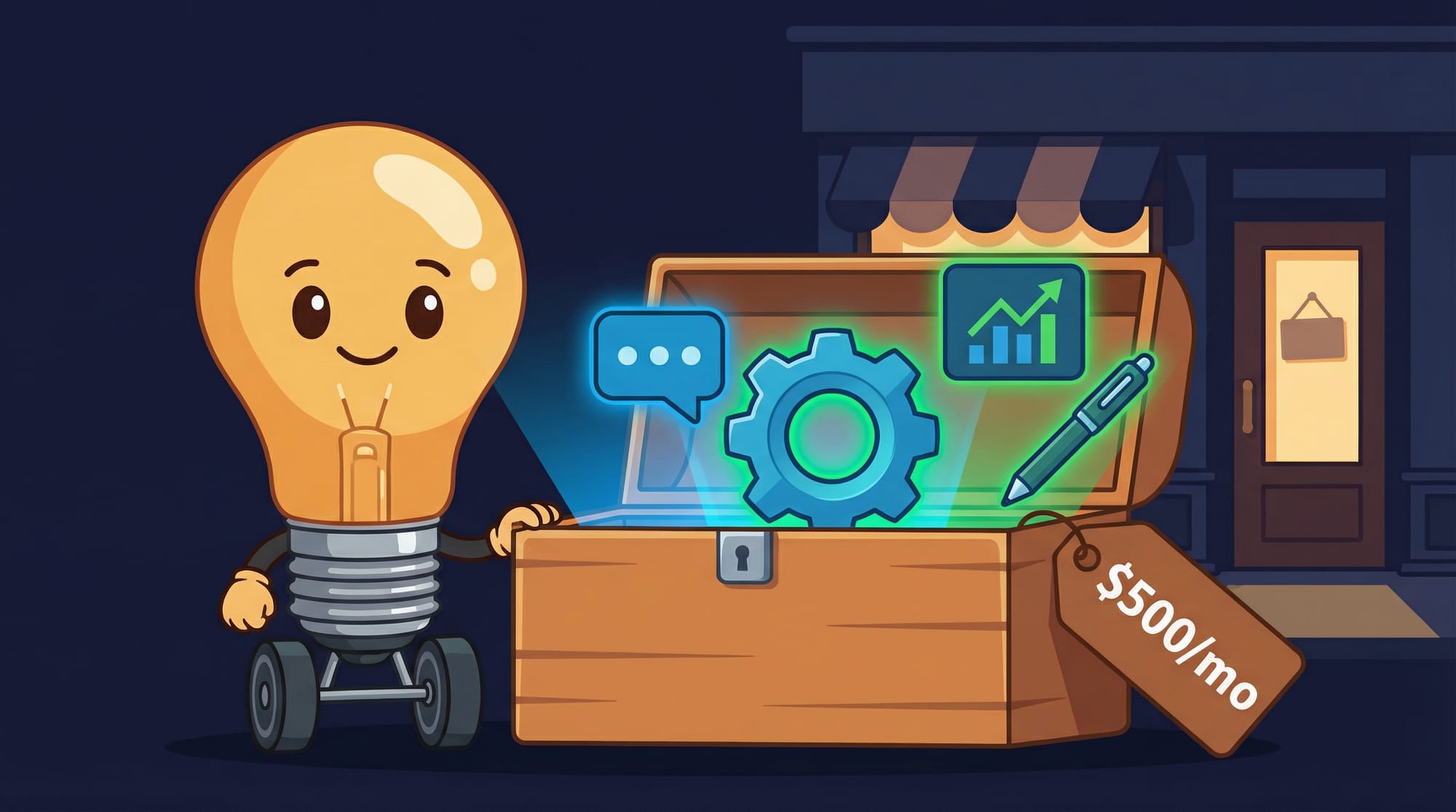 Flick the lightbulb mascot stands next to an open AI starter kit toolbox with chatbot, automation, analytics, and writing tools glowing inside