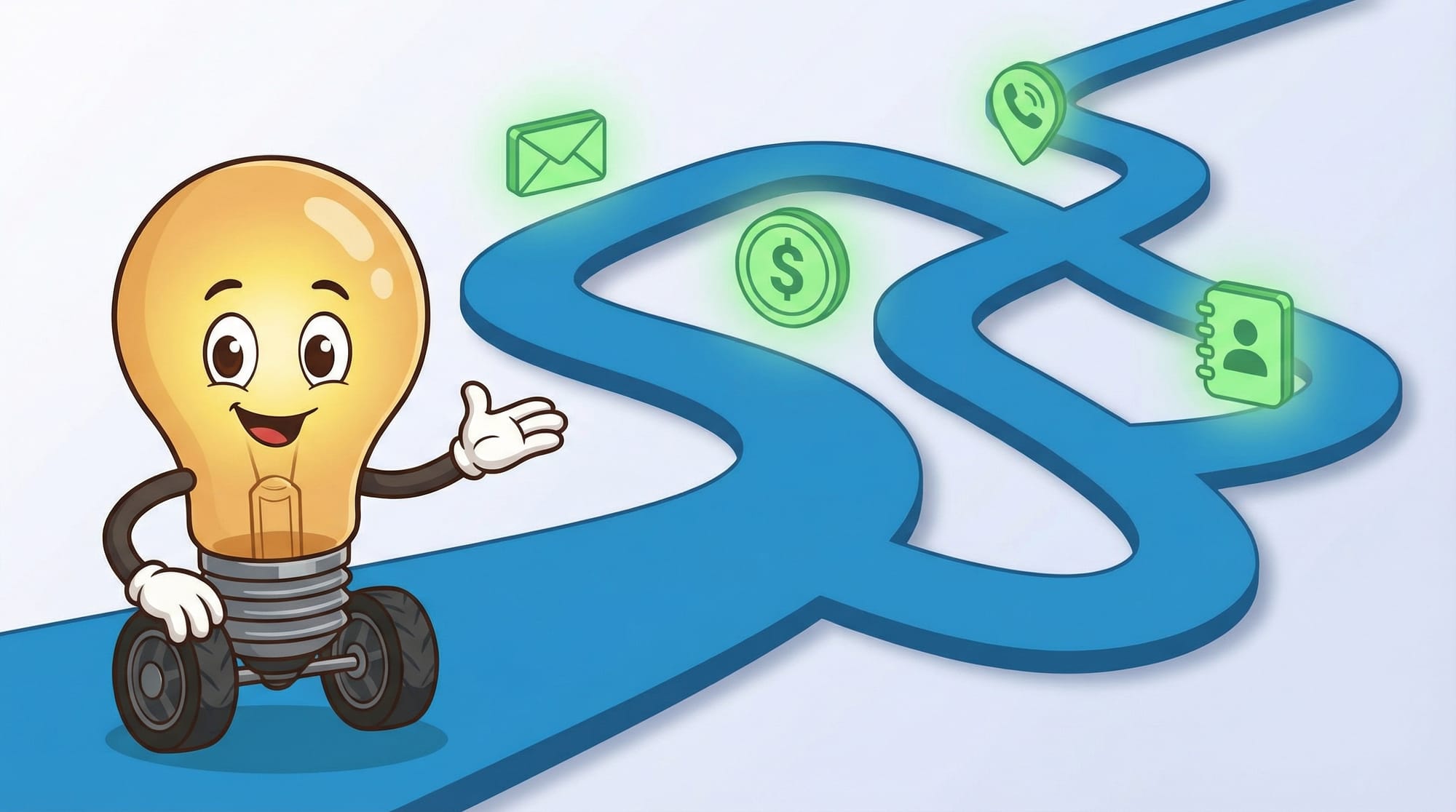 Flick the lightbulb mascot with excited expression gestures toward a winding flowchart-style road with floating app icons ...