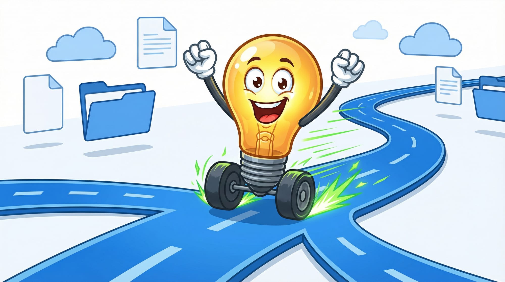 Flick the lightbulb mascot zooms excitedly on wheels through a desktop landscape with floating folders, filament glowing, ...