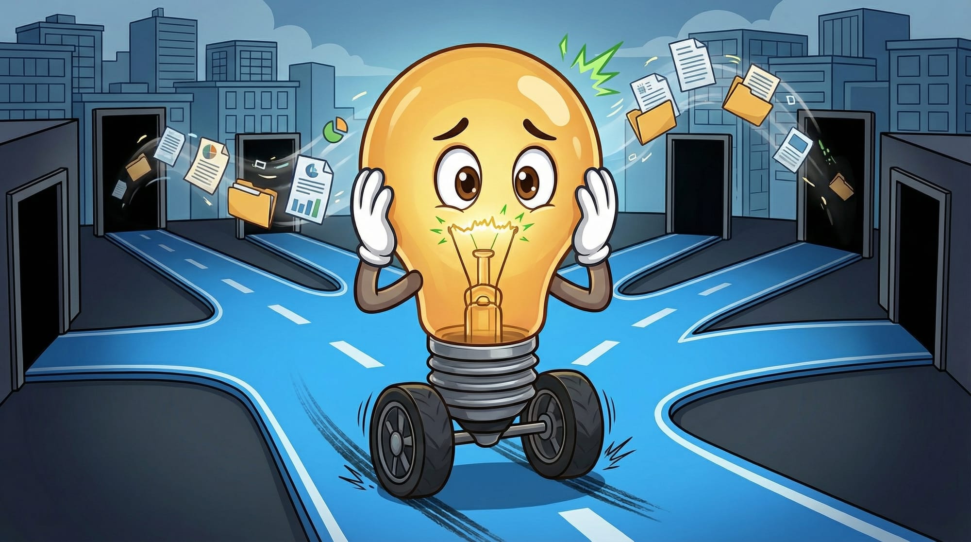 Flick the lightbulb mascot rolls wide-eyed along a blue road, gloved hands pressed to face in worry as documents drift tow...