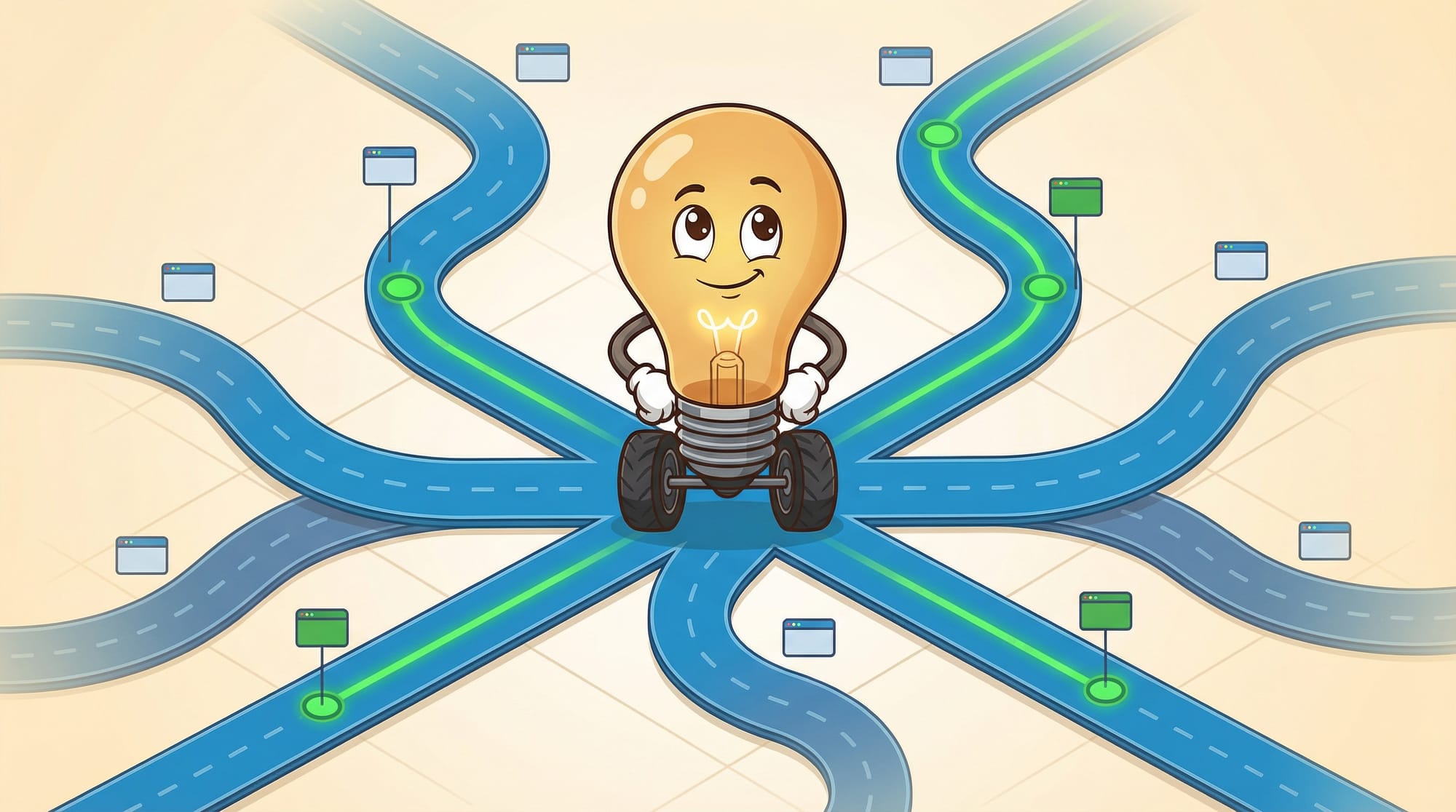 Flick the lightbulb mascot stands confidently at an intersection with hands on hips, surveying eight branching roads—some ...