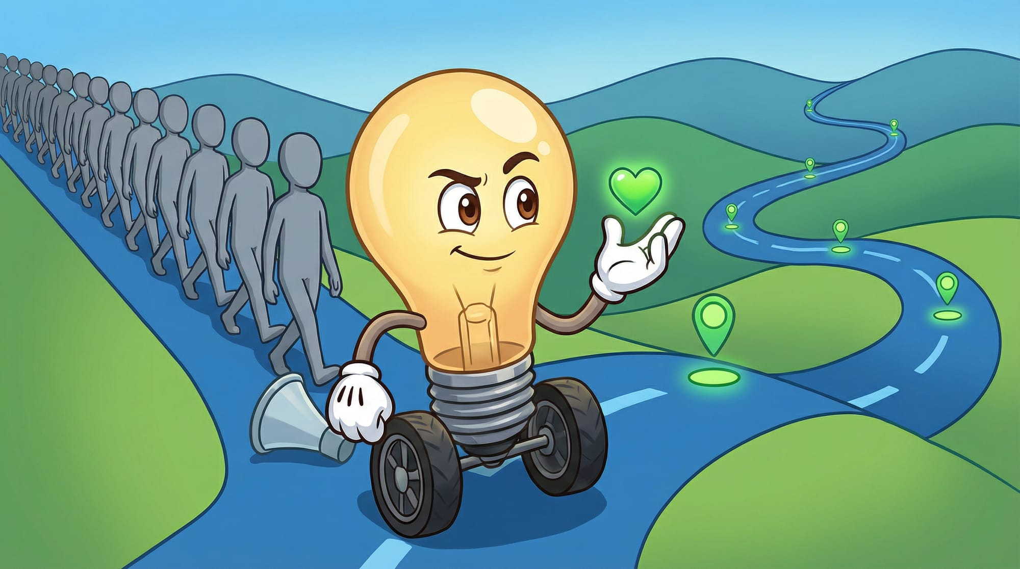 Flick the lightbulb mascot pauses at a forked road, holding a glowing green heart, choosing between robotic gray figures a...